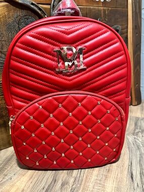 Badgley Mischka Red Quilted Backpack with Gold Logo & Stud Accents